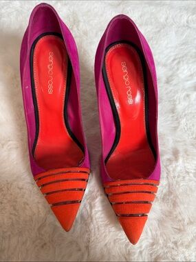 Sergio Rossi Pink and Orange Pointed-Toe Striped Pumps